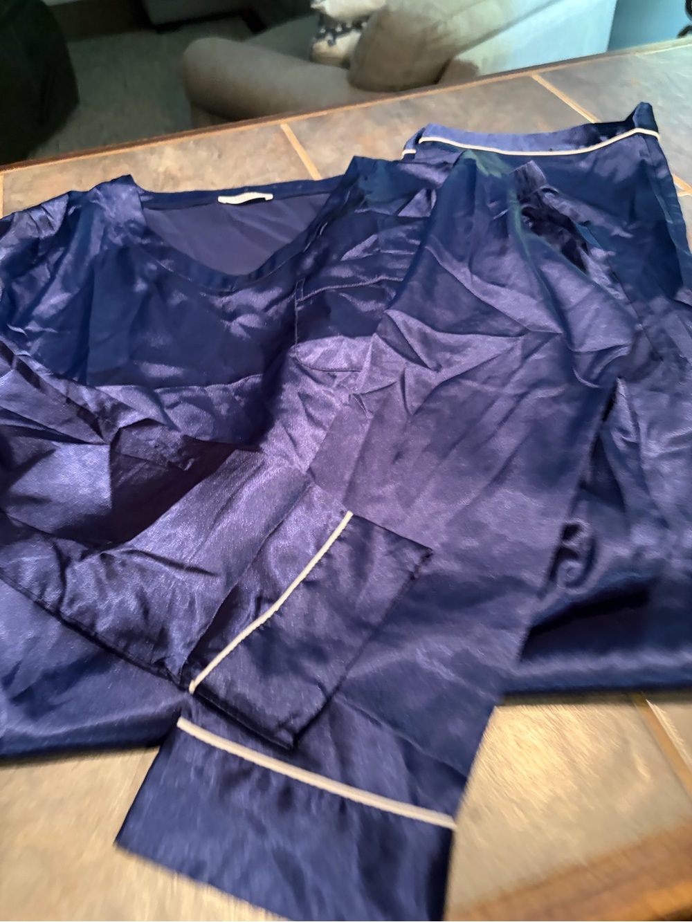 Women's Navy Satin like Pajama Top & Pants Set- white piping, long sleeve -Large